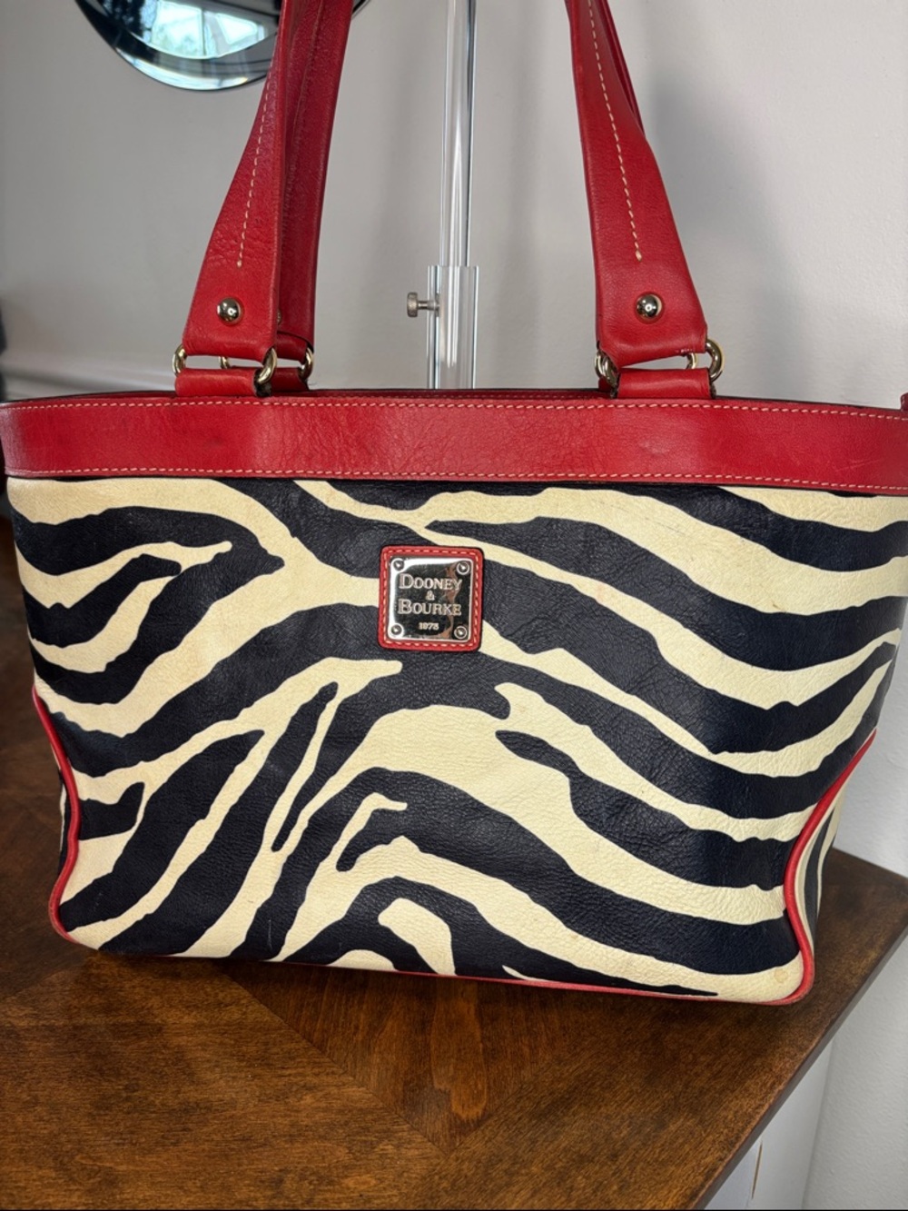 Dooney & Bourke Red Leather Trim Zebra-Print Tote Bag - Picture 16 of 16